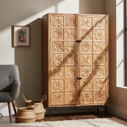 Armoire sculptée 4 portes en bois massif manguier - Sculture