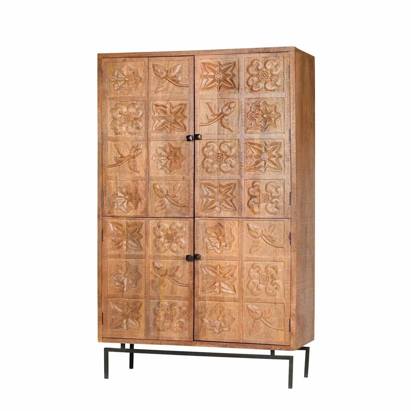 Armoire sculptée 4 portes en bois massif manguier - Sculture