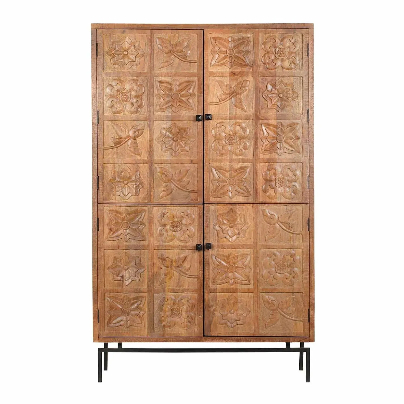 Armoire sculptée 4 portes en bois massif manguier - Sculture