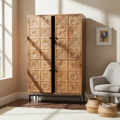 Armoire sculptée 4 portes en bois massif manguier - Sculture