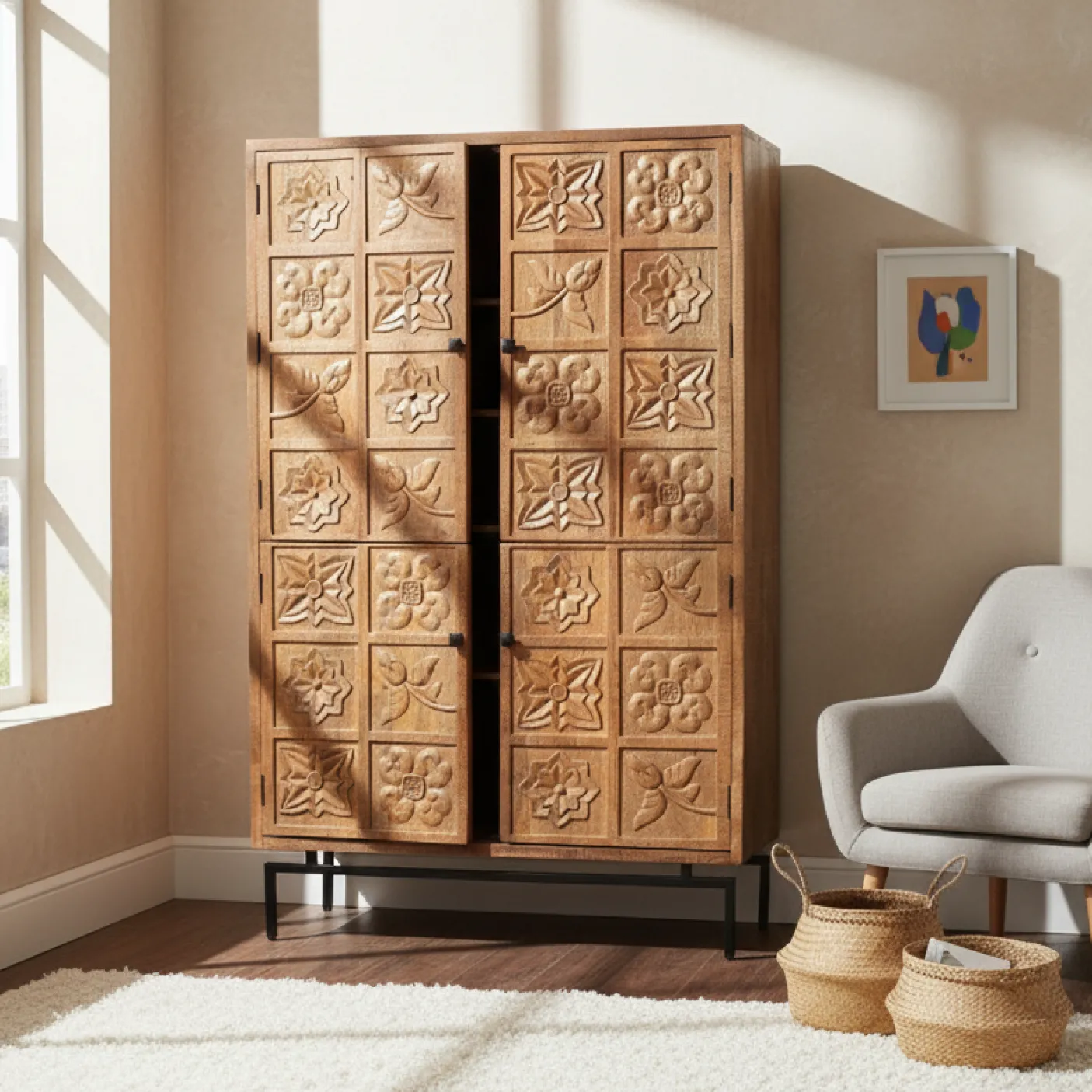 Armoire sculptée 4 portes en bois massif manguier - Sculture