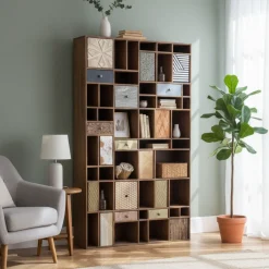 Bibliothèque multi-matériaux peau de vache bois sculpté | Manguier Terranova