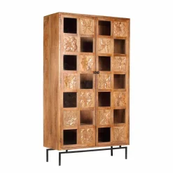 Bibliothèque sculptée 2 portes en bois massif manguier - Sculture