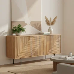 Buffet bas bois sculpté motif géométrique 3P | Manguier Maglan