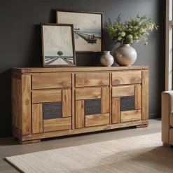 Buffet bois massif sculpté bicolore 3P 3T | Acacia Maya