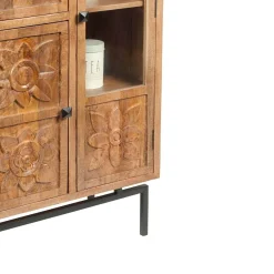 Buffet haut 3 portes en bois massif manguier - Sculture