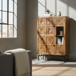 Buffet haut 3 portes en bois massif manguier - Sculture