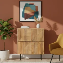 Buffet haut bois sculpté motif géométrique 4P | Manguier Maglan