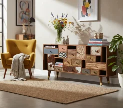 Buffet 11T 2P multi-matériaux peau de vache bois sculpté | Manguier Terranova