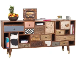 Buffet 11T 2P multi-matériaux peau de vache bois sculpté | Manguier Terranova