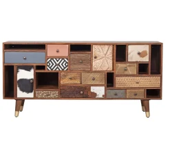 Buffet 11T 2P multi-matériaux peau de vache bois sculpté | Manguier Terranova