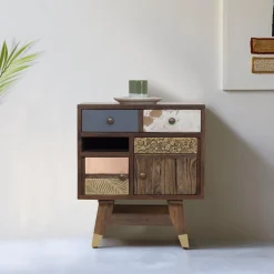 Chevet multi-matériaux peau de vache bois sculpté | Manguier Terranova