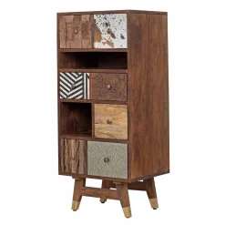 Chiffonnier multi-matériaux peau de vache bois sculpté | Manguier Terranova