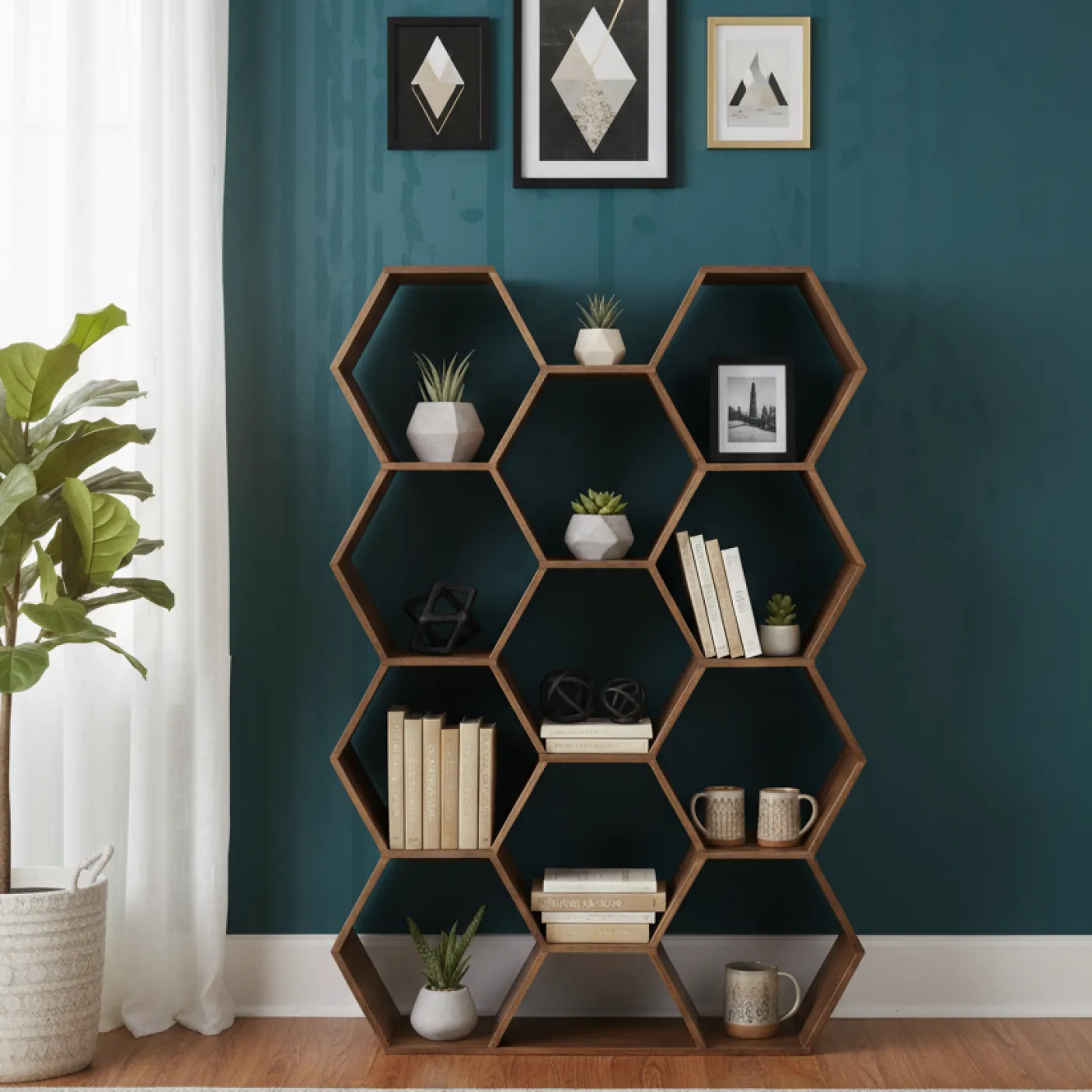 Grande étagère hexagonale | Bois de manguier