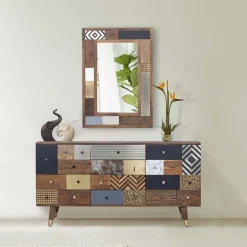 Meuble d'entrée multi-matériaux peau de vache bois sculpté | Manguier Terranova