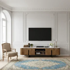 Meuble TV 4 portes, 2 niches plateau marbre blanc | Manguier Kfir II