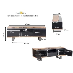 Meuble TV 2 portes 1 tiroirs en bois massif acacia - Black