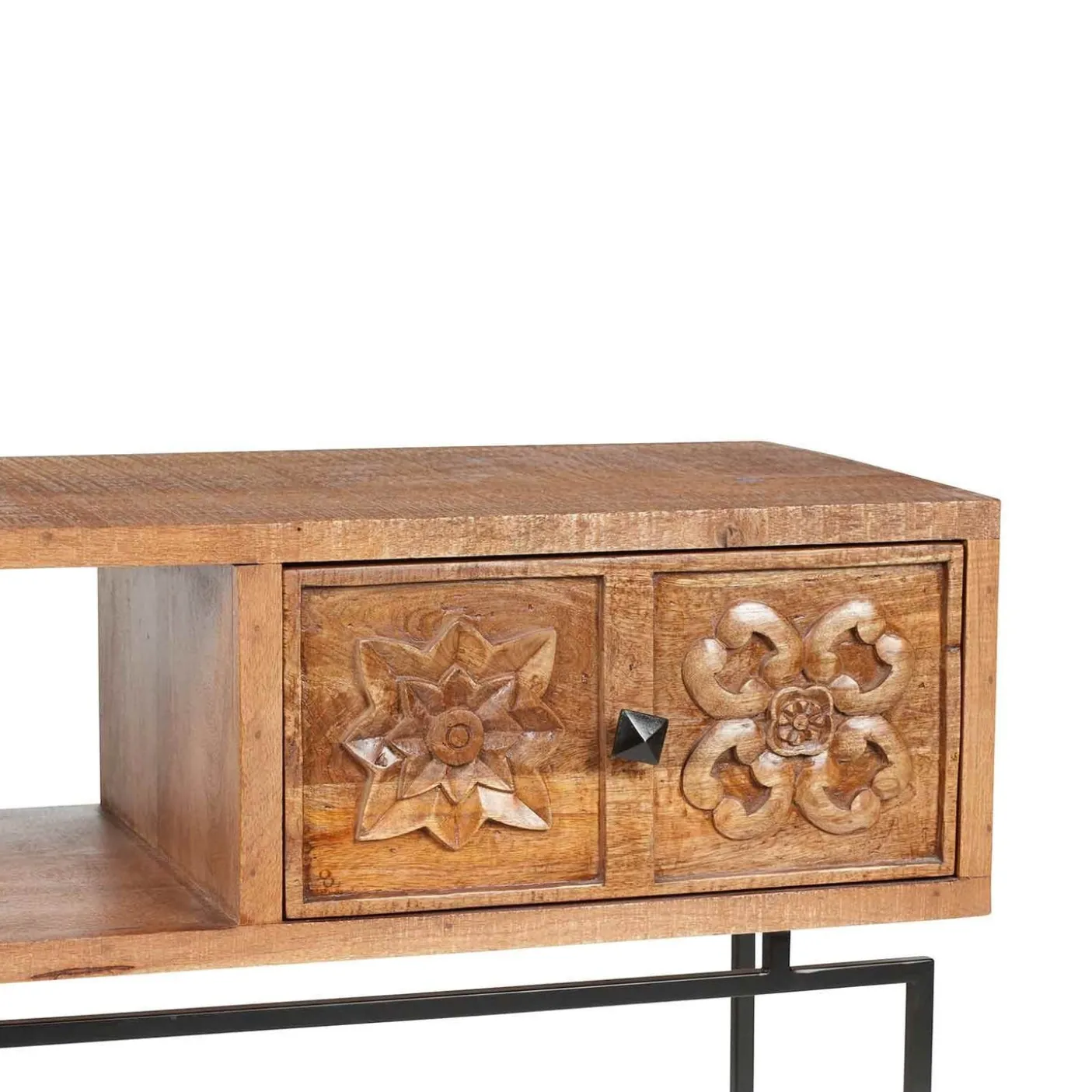Meuble TV 2 tiroirs, 1 etagere 158cm en bois massif manguier - Sculture