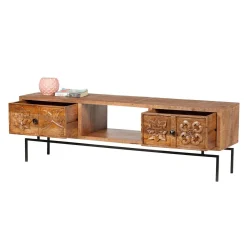 Meuble TV 2 tiroirs, 1 etagere 158cm en bois massif manguier - Sculture