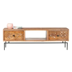 Meuble TV 2 tiroirs, 1 etagere 158cm en bois massif manguier - Sculture