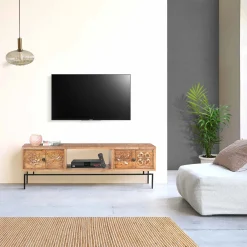 Meuble TV 2 tiroirs, 1 etagere 158cm en bois massif manguier - Sculture