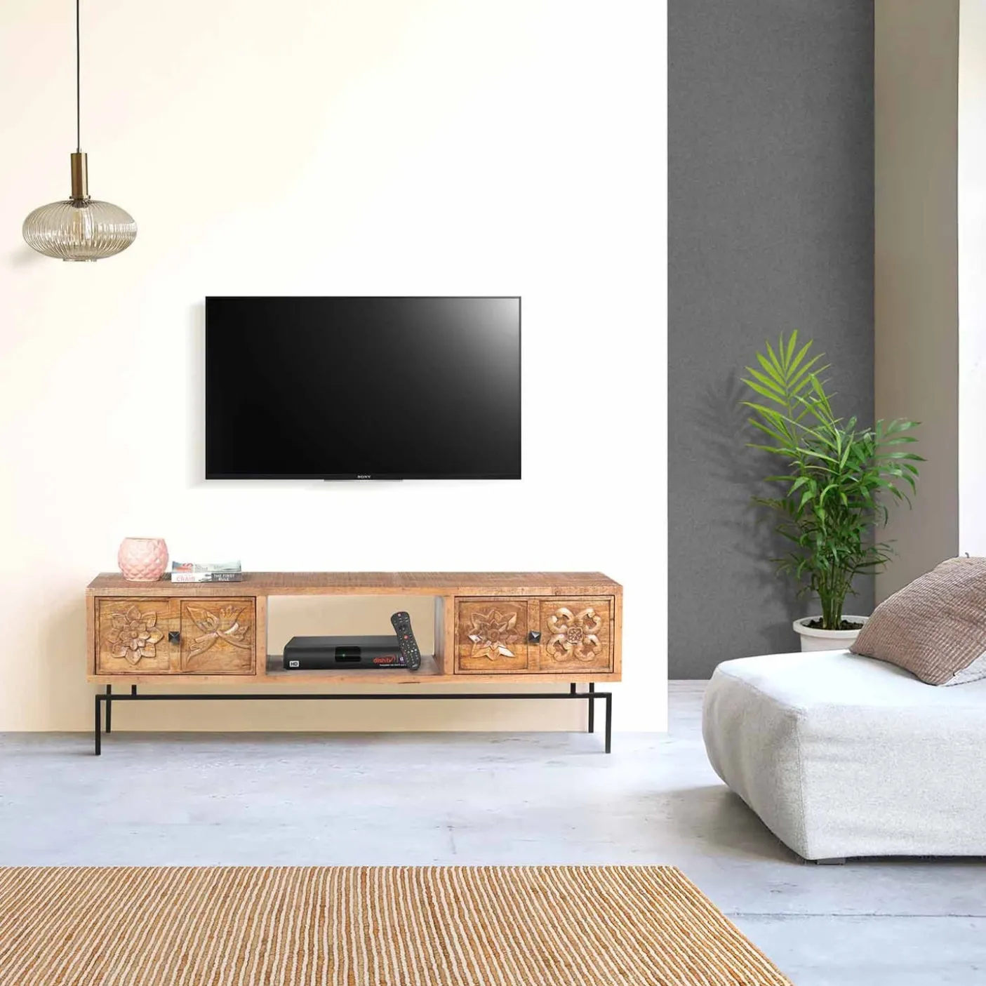 Meuble TV 2 tiroirs, 1 etagere 158cm en bois massif manguier - Sculture