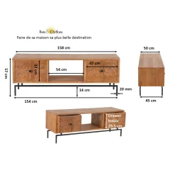 Meuble TV 2 tiroirs, 1 etagere 158cm en bois massif manguier - Sculture