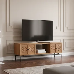 Meuble TV 2 tiroirs, 1 etagere 158cm en bois massif manguier - Sculture
