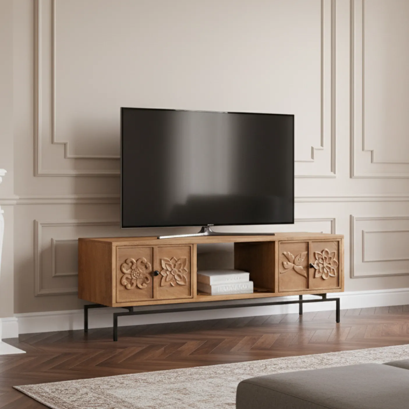 Meuble TV 2 tiroirs, 1 etagere 158cm en bois massif manguier - Sculture