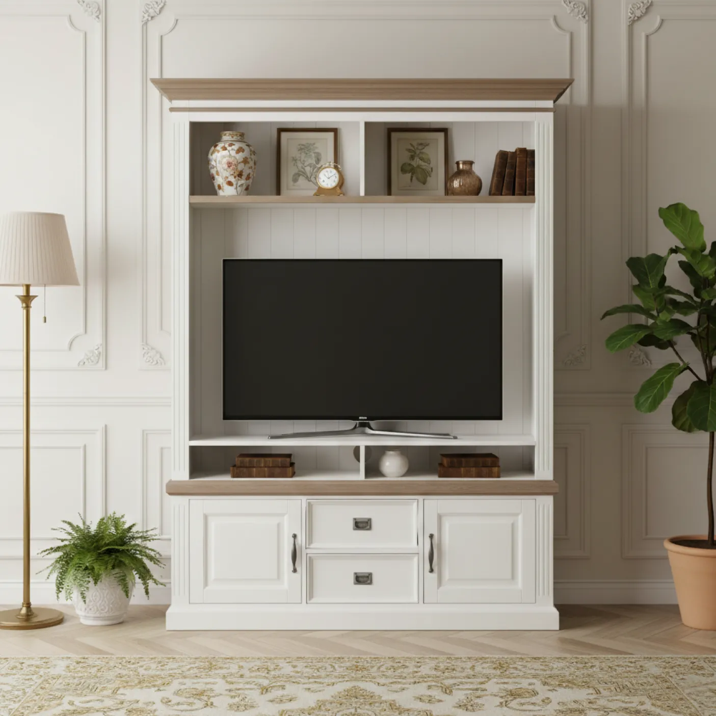 Meuble TV avec étagère 2 portes 2 tiroirs "Chêne et Pin Romance"