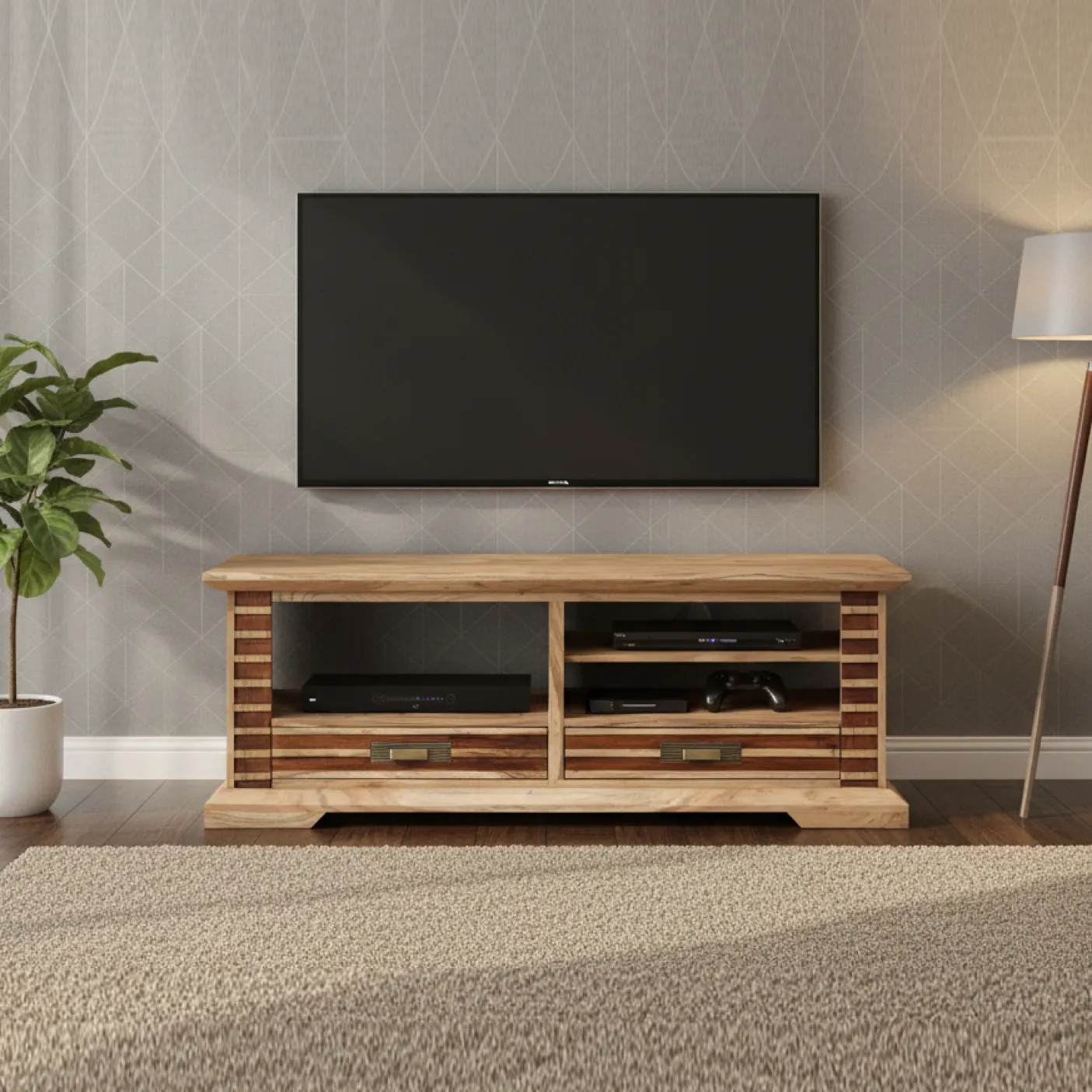Meuble TV bois bicolore 2T 3N | Acacia Luxor