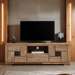 Meuble TV bois sculpté bicolore 160 2P 1T | Acacia Maya