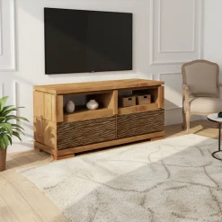 Meuble TV bois sculpté bicolore 130 2T | Acacia Maya