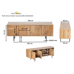 Meuble Tv bois sculpté motif géométrique 4P | Manguier Maglan II