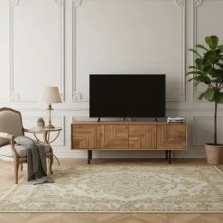 Meuble Tv bois sculpté motif géométrique 4P | Manguier Maglan II