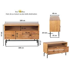 Petit meuble TV 2 tiroirs 104cm en bois massif manguier - Sculture