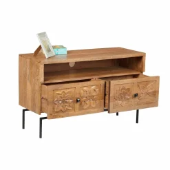 Petit meuble TV 2 tiroirs 104cm en bois massif manguier - Sculture