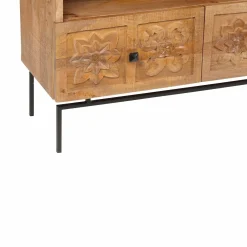 Petit meuble TV 2 tiroirs 104cm en bois massif manguier - Sculture