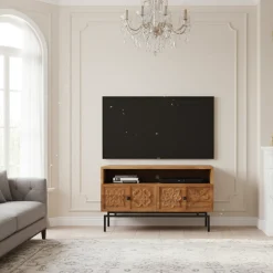 Petit meuble TV 2 tiroirs 104cm en bois massif manguier - Sculture