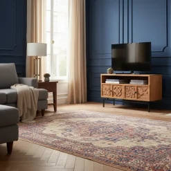 Petit meuble TV 2 tiroirs 104cm en bois massif manguier - Sculture