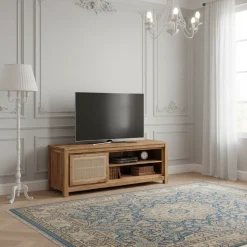 Petit meuble Tv bois nature porte cannage | Acacia Tatoo II