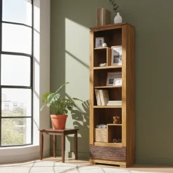 Petite bibliothèque bois sculpté bicolore 1T | Acacia Maya