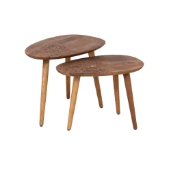 Set 2 tables d'appoint plateau sculpté bois massif | Acacia Adir