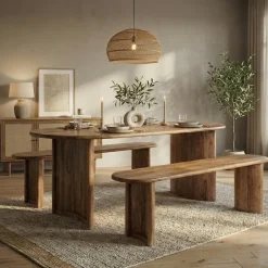 Table à manger bord arrondi miel en bois massif acacia - Ellipse