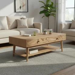 Table basse rectangle 2 tiroirs en bois massif manguier - Floria