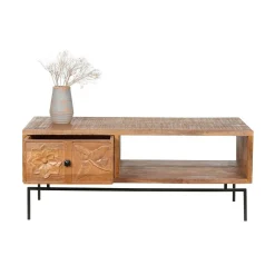 Table basse sculptée 1 tiroir, 1 niche en bois massif manguier - Sculture