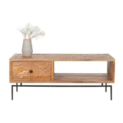 Table basse sculptée 1 tiroir, 1 niche en bois massif manguier - Sculture