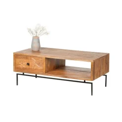 Table basse sculptée 1 tiroir, 1 niche en bois massif manguier - Sculture